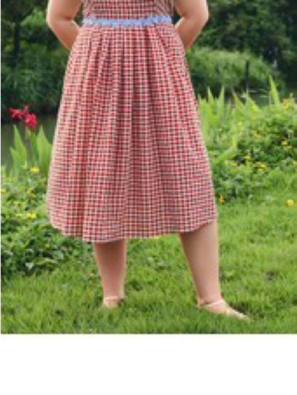 BloomChic Red Gingham Midi Dress with Blue Waistband